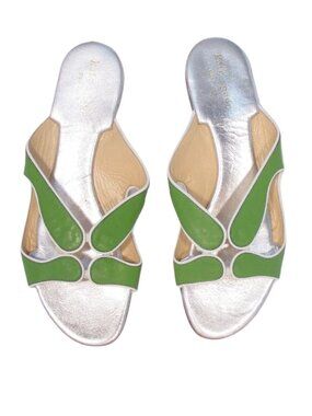KATE SPADE Leaf Green All Leather Strappy Flat Slide Sandals 7 - Made in ITALY